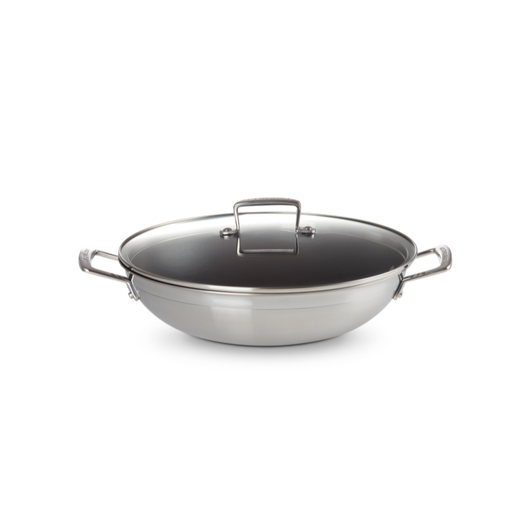 Le Creuset Wok anti-adhérent 30 cm Inox Classique avec couvercle en verre