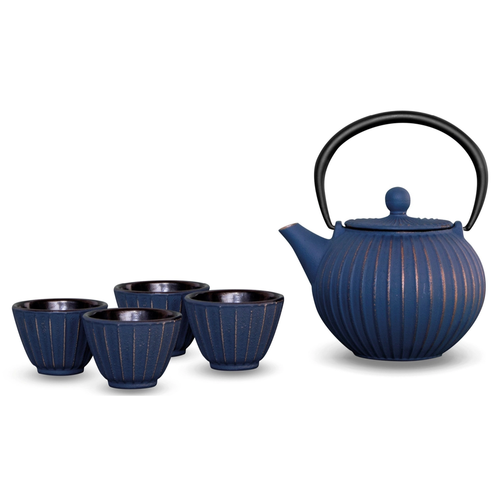 Easy Life Set théière avec 4 tasses, 500ml, fonte, bleu