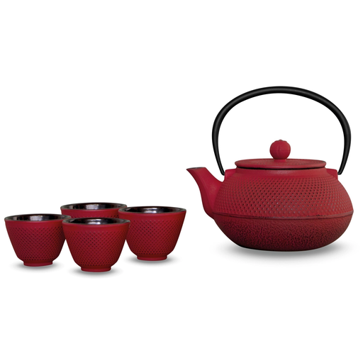 [114441] Easy Life Set théière avec 4 gobelets, 600ml, fonte, rouge